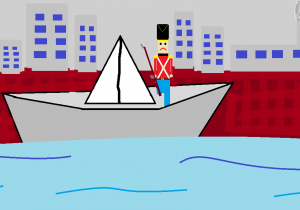 Ołowiany żołnierzyk płynie papierową łódką, w tle nowoczesne budynki